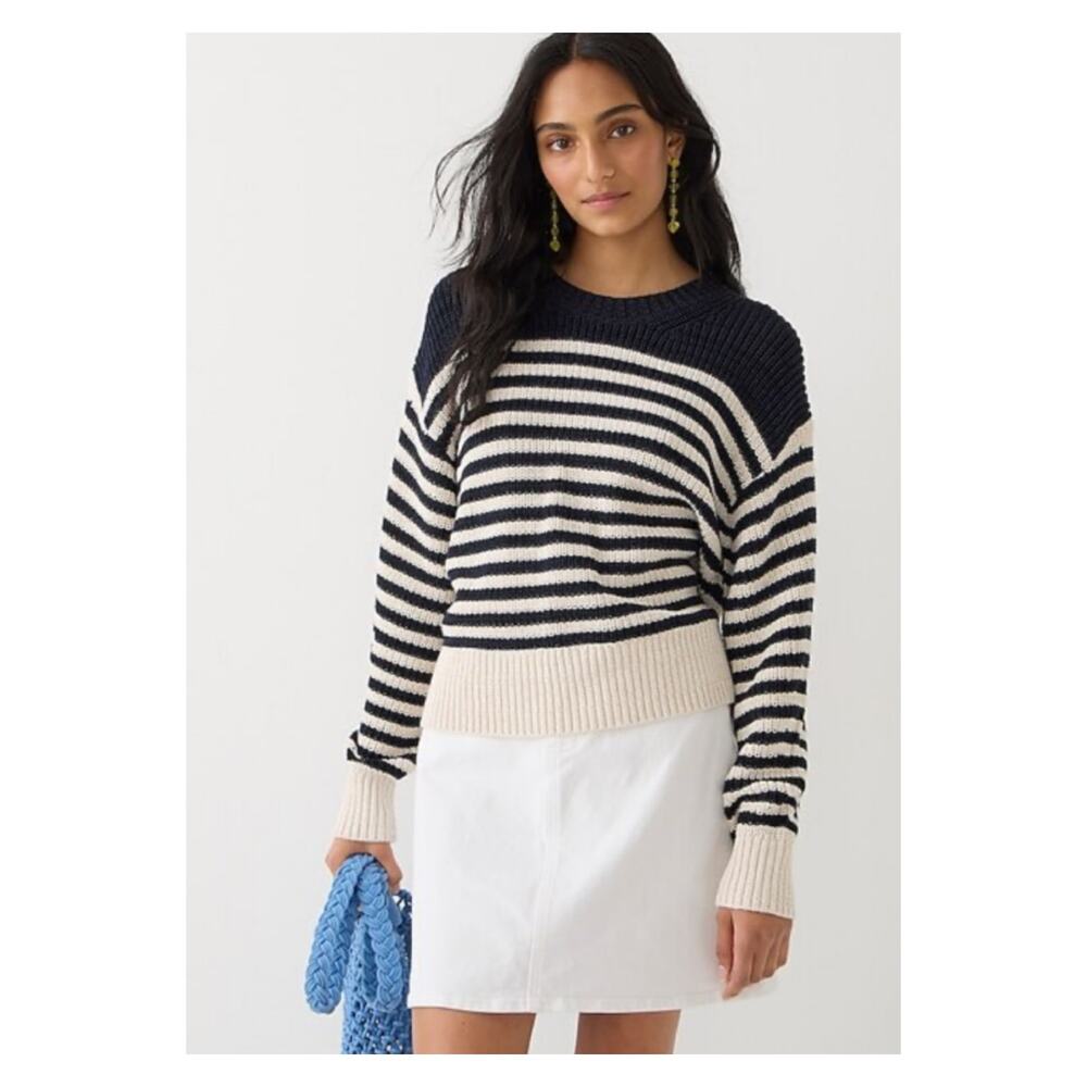 J. Crew Oversized Crewneck Striped Cotton Sweater Navy Black Ivory Size XS